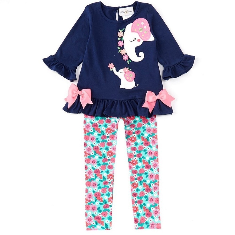 Rare editions Baby 3/4Sleeve Elephant-Applique Top & Floral Print Leggings Set